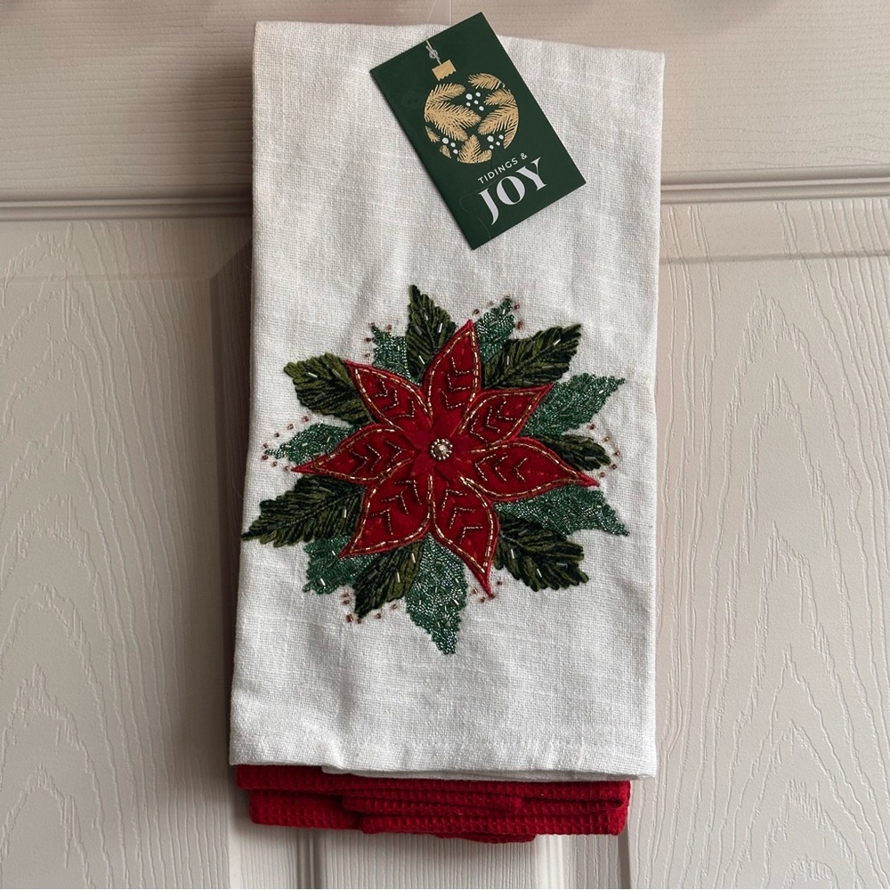 Tidings & Joy Christmas Holidays Embroidered Poinsettia Kitchen Towel Set